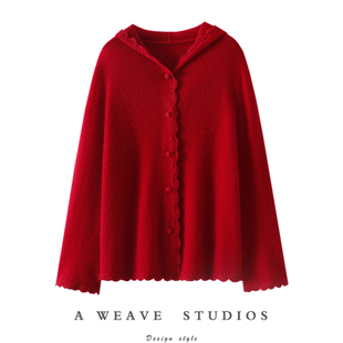 打内心的喜欢!手工钩花100%纯山羊绒开衫女连帽毛衣针织开衫外套