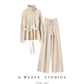 温婉时髦气质 子女外穿套装 加厚羊绒衫 女高领系带针织羊绒阔腿裤