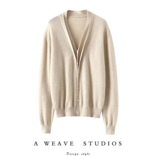 外套宽松秋冬 女纯羊绒毛衣针织开衫 大气大美 假两件双V领羊绒开衫