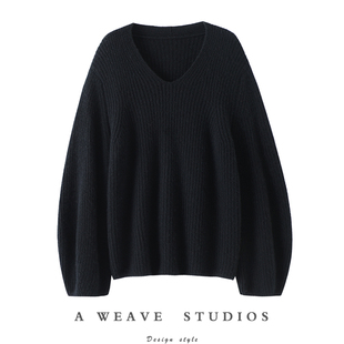 宽松秋冬季 温暖如斯 100纯羊绒女毛衣针织衫 粗针山羊绒衫 V领阔袖
