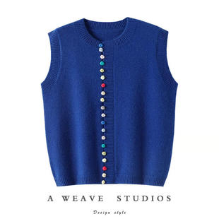 一席浪漫 外套坎肩 彩虹扣加厚羊绒背心马甲纯羊绒毛衣针织开衫