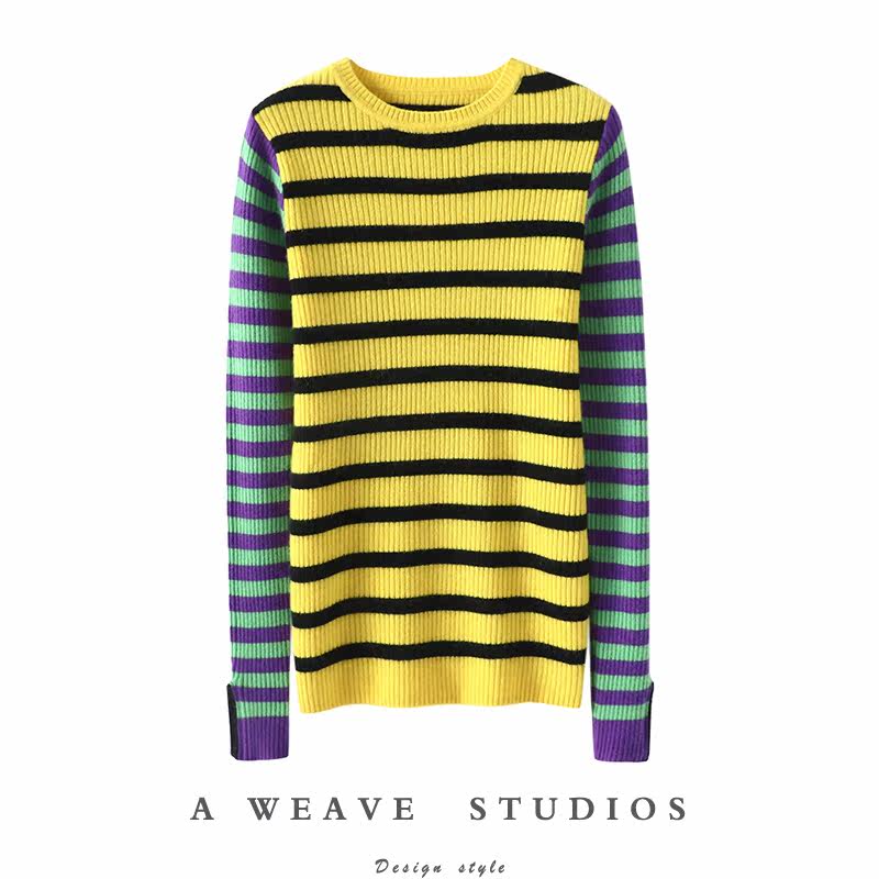 官方正品~意大利设计师！条纹圆领羊绒衫女纯羊绒毛衣针织打底衫,女装/女士精品,羊绒衫,淘宝优惠券,粉丝福利购,淘宝优惠卷