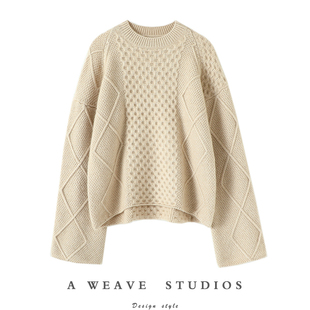 绞花羊绒衫 重磅来袭 喇叭廓袖 始于颜值 女圆领纯羊绒毛衣厚 时尚