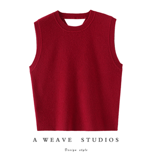 纯羊绒毛衣 针织衫 骨感密码 车厘子红交叉镂空圆领羊绒背心女修身