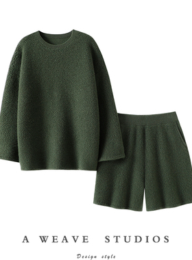 上身狂喜哇！加厚100%纯山羊绒衫女圆领毛衣宽松针织短裤秋冬套装