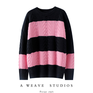 女圆领拼色纯羊绒毛衣宽松秋冬 加厚100%纯山羊绒衫 无声 钟爱