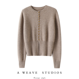 女纯羊绒毛衣针织外套秋冬 加厚圆领100%纯山羊绒开衫 法式 街头感