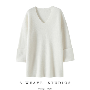 姐系通勤!莫兰迪粉下摆开叉V领100%纯山羊绒衫女纯羊绒毛衣宽松