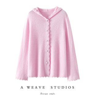 女连帽毛衣针织开衫 手工钩花100%纯山羊绒开衫 外套 呼喊 一万次