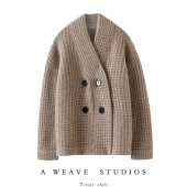 启超温暖过冬 加厚V领双排扣100%羊绒开衫 女华夫格编织羊绒毛衣