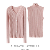 启超孤傲优雅 秋冬100%纯山羊绒开衫 女纯羊绒毛衣针织背心两件套