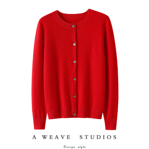 桑榆非晚~圆领100%纯山羊绒开衫女纯羊绒毛衣针织开衫外套秋冬