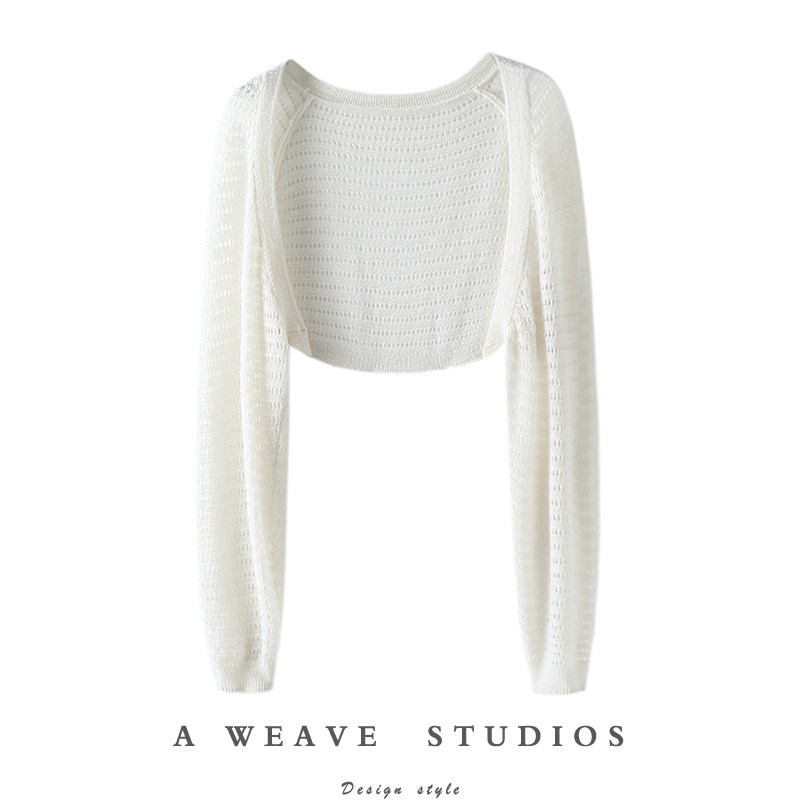 清幽春夏~精纺纯羊绒防晒开衫女薄款镂空短外套披肩针织空调罩衫