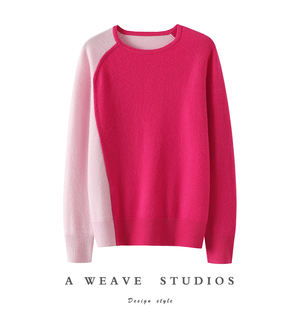 秋冬打底衫 女纯羊绒毛衣针织衫 圆领拼色100%山羊绒衫 情怀洋溢