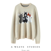 好看到哭 萌趣三只喵空气感纯山羊绒衫 女套头纯羊绒毛衣圆领加厚