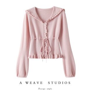 秋冬 女纯羊绒毛衣针织衫 气质发光 后系带木耳边100%纯山羊绒开衫