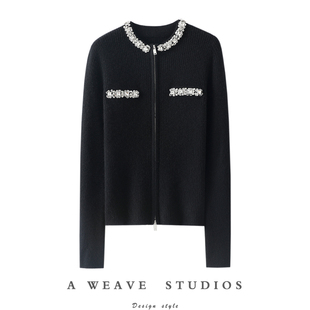 试完秒爱!手工缝钻100%纯山羊绒拉链开衫女圆领纯羊绒毛衣小外套