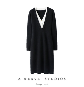 气质老钱风~假两件V领羊绒衫女加厚中长款纯羊绒毛衣针织连衣裙子