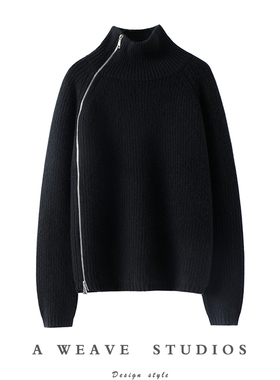 启超〓绒+〓男女同款粗针重磅加厚斜拉链立领纯山羊绒衫女毛衣冬