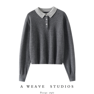 时尚小确幸!新款拼色100%纯山羊绒衫女POLO领纯羊绒毛衣秋冬外套