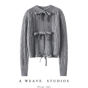 潮流拿捏!微甜~系带加厚100%纯山羊绒开衫女纯羊绒毛衣短款外套