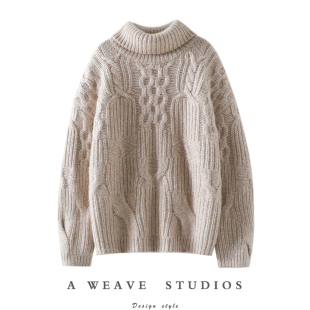 女高领羊绒毛衣宽松 粗棒针100%纯山羊绒衫 品牌态度 重磅1000克