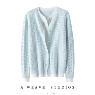 美到骨子里~假两件圆领100%纯山羊绒开衫女纯羊绒毛衣针织外套