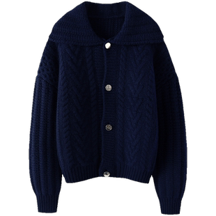 经典味道！重磅加厚大翻领粗棒针羊绒衫女纯羊绒毛衣针织开衫外套