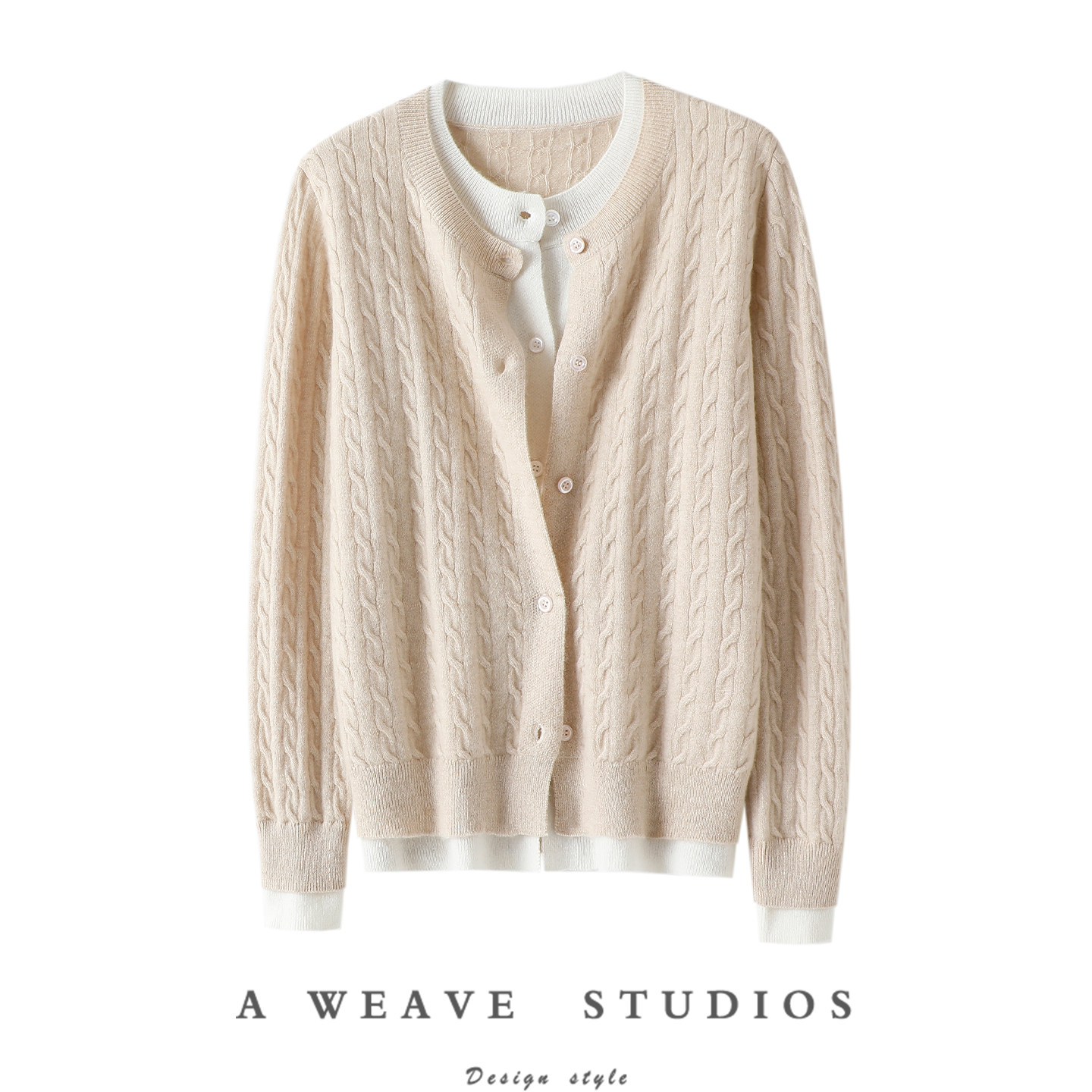 氛围感穿搭~假两件圆领100%纯山羊绒开衫女纯羊绒毛衣针织外套,女装/女士精品,羊绒衫,淘宝优惠券,粉丝福利购,淘宝优惠卷