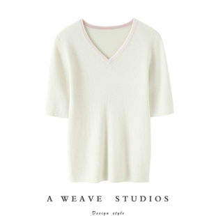 女纯羊绒毛衣针织打底衫 精纺V领山羊绒短袖 春夏逆天 品质巨好