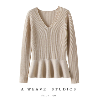 喜欢到心尖上了 女V领荷叶花边纯羊绒毛衣秋冬 加厚100%纯山羊绒衫