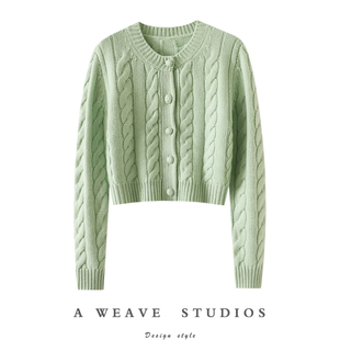 官方正品!小名媛~加厚绞花100%纯山羊绒开衫女纯羊绒毛衣短款