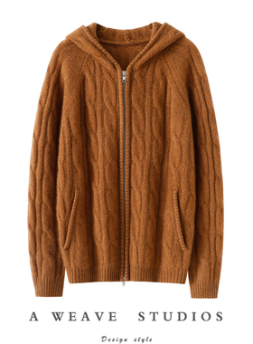 时髦度爆表！加厚100%纯山羊绒拉链开衫纯羊绒连帽毛衣秋冬宽松