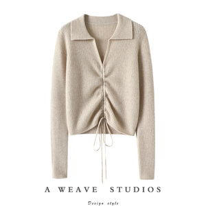 即穿即美！2023新款100%纯羊绒衫V领皱褶羊绒毛衣针织衫上衣女