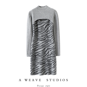 爱不释手！斑马纹提花羊绒吊带连衣裙中长款纯羊绒毛衣短款外套装