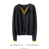 女圆领针织衫 自己都羡慕 niu系撞色假两件100%纯山羊绒开衫 毛衣