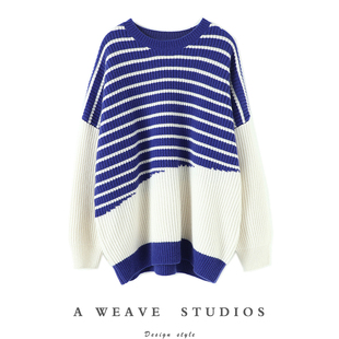宽松 条纹圆领套头羊绒毛衣女新款 时髦度爆棚 蓝紫色加厚羊绒衫