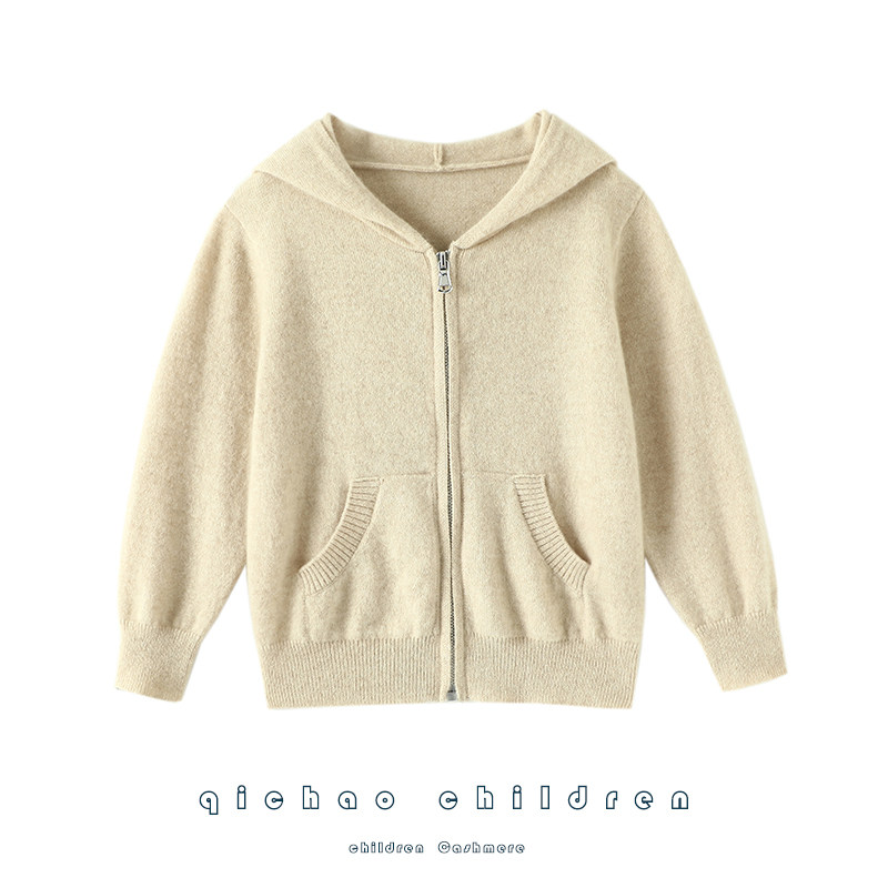 包各种满意~儿童连帽羊绒开衫男童女童纯山羊绒毛衣宽松针织外套