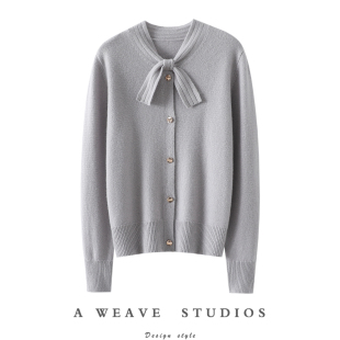 外套 女纯羊绒毛衣针织衫 又富又独立 蝴蝶结加厚100%纯山羊绒开衫