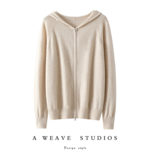 启超官方正品 女纯羊绒连帽毛衣外套 连帽100%纯山羊绒拉链开衫