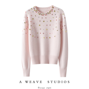 女圆领纯羊绒毛衣秋冬季 温柔对待 纯手工钉片加厚100%纯山羊绒衫