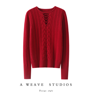 时尚董秘~绑带加厚100%纯山羊绒衫女圆领纯山羊绒毛衣针织打底衫