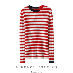 女纯羊绒毛衣针织打底衫 圆领撞色条纹100%纯山羊绒衫 抓狂 喜欢