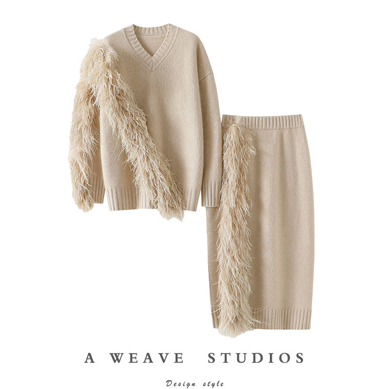 官方正品！900克+高定鸵鸟毛100%纯山羊绒衫女V领半身裙套装加厚,女装/女士精品,羊绒衫,淘宝优惠券,粉丝福利购,淘宝优惠卷