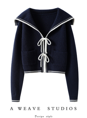 官方！随性腔调~海魂少女海军领蝴蝶结100%纯山羊绒开衫短款毛衣