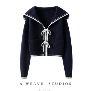 官方！随性腔调~海魂少女海军领蝴蝶结100%纯山羊绒开衫短款毛衣