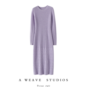 官方正品~气质大长款100%纯山羊绒衫女过膝针织连衣裙子秋冬季