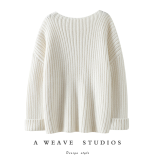 惬意时光美 女一字领纯羊绒毛衣慵懒风 粗棒针加厚100%纯山羊绒衫