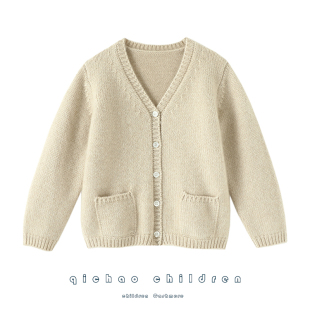 启超私定品质~粗针重磅加厚儿童羊绒开衫男女款V领纯羊绒毛衣外套