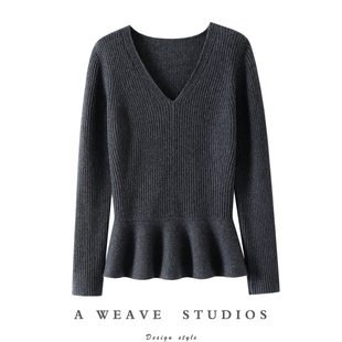 通勤约会两不误~加厚100%纯山羊绒衫女V领荷叶花边纯羊绒毛衣秋冬